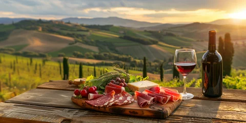 Rolgordijnen  Red wine and Italian prosciutto with cheese on the wooden table against a landscape background in Tuscany, Italy at sunset.  © Maru_sua