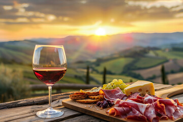 
Red wine and Italian prosciutto with cheese on the wooden table against a landscape background in Tuscany, Italy at sunset. 