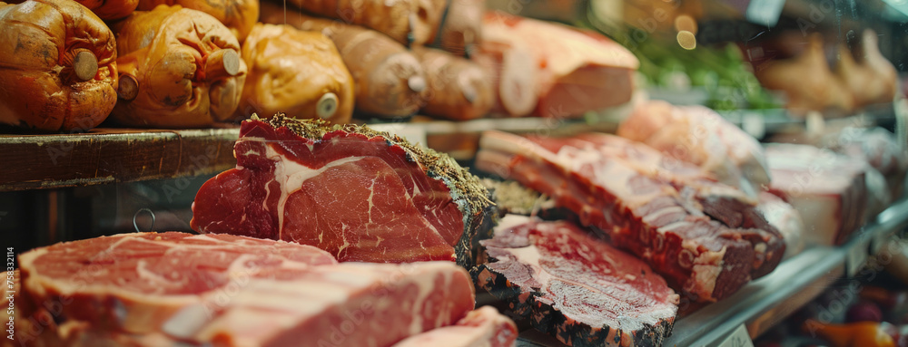 Poster A display case filled with various cuts of meat. Perfect for butcher shop advertising
