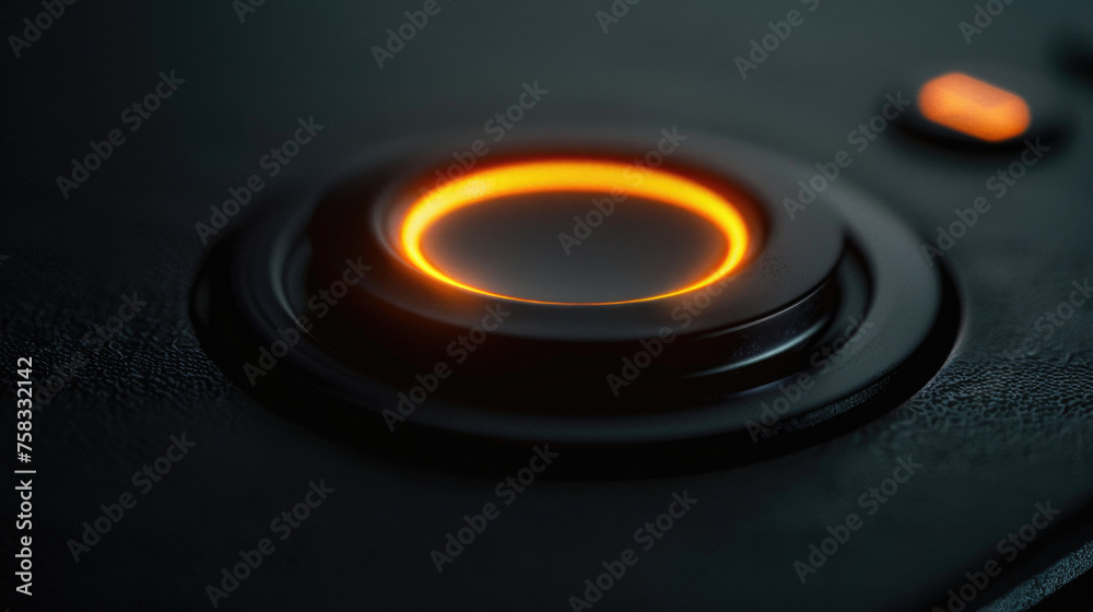 Poster Detailed view of a button on a black background. Suitable for technology concepts