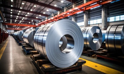 Large rolls of galvanized metal in the factory
