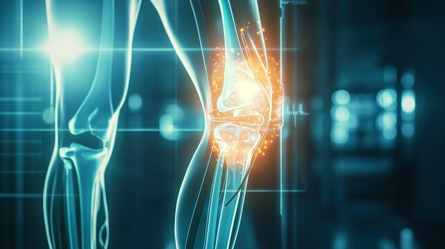 Knee pain concept, medical hologram 