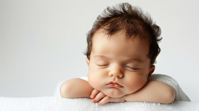 A peaceful image of a baby sleeping on a white blanket. Perfect for family and parenting themes