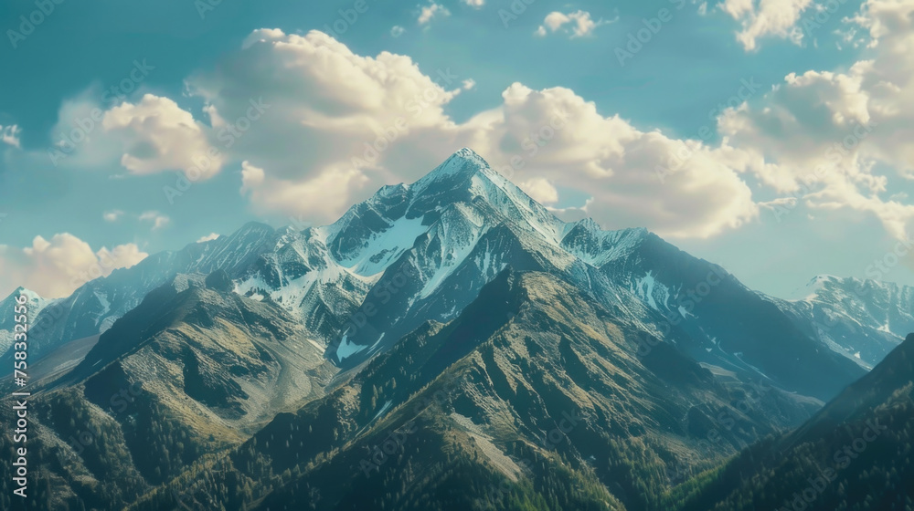 Poster Scenic view of mountain range with clouds in the sky. Suitable for travel and nature themes