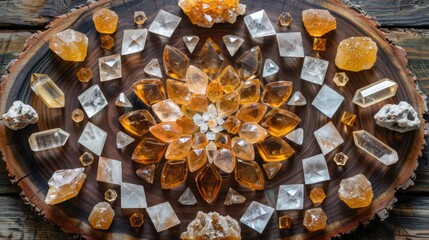 Detailed view of a Reiki crystal grid setup on a wooden table, designed to attract abundance and protect against negative energy during a healing session