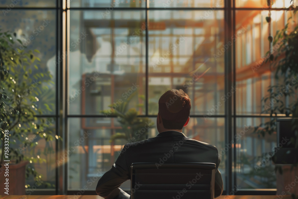 Poster a man sitting in a chair in front of a window. suitable for home decor or relaxation concept