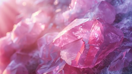 Extreme close-up of a rose quartz crystal's surface, with soft pink hues and natural textures, representing love and heart chakra healing in a Reiki practice - obrazy, fototapety, plakaty