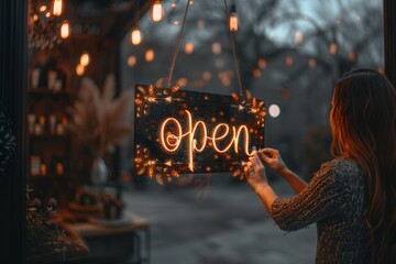 Warm Welcome: The Glowing Open Sign of a Cozy Cafe Invites Patrons into a World of Rustic Charm and Hospitality, Generative AI