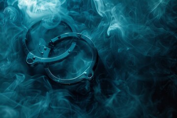Handcuffs enveloped in soft smoke, copy space, close up - obrazy, fototapety, plakaty