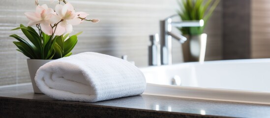Modern bathroom closeup of bathtub with towel.