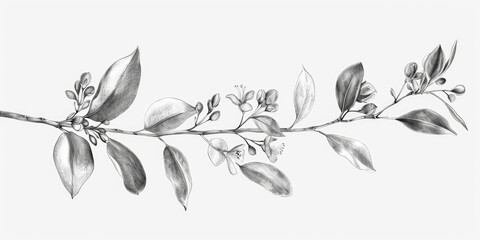 A detailed drawing of a branch with colorful flowers and green leaves. Suitable for botanical illustrations or nature-themed designs