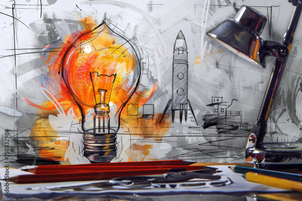 Poster a drawing of a light bulb on a desk. suitable for business or creativity concepts