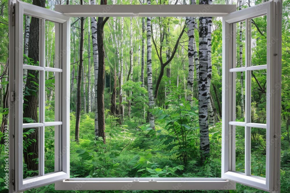 Poster A view of a forest through an open window. Suitable for nature concepts
