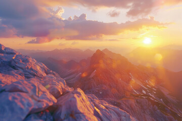 Beautiful sunset over a majestic mountain range, perfect for travel and nature themes