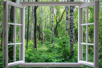 A view of a forest through an open window. Suitable for nature concepts