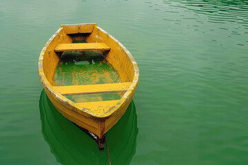 Fototapeta na wymiar A small yellow boat floating on water. Suitable for travel or outdoor recreation concepts
