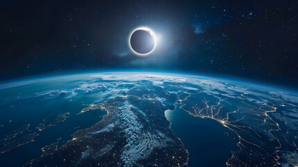 Éclipse solaire époustouflante de 2024 : Trajectoire de l'éclipse totale traversant le Mexique, les États-Unis et le Canada le 8 avril - Un phénomène céleste unificateur. - obrazy, fototapety, plakaty