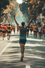 A man running in a marathon with his arms in the air. Suitable for sports and fitness concepts