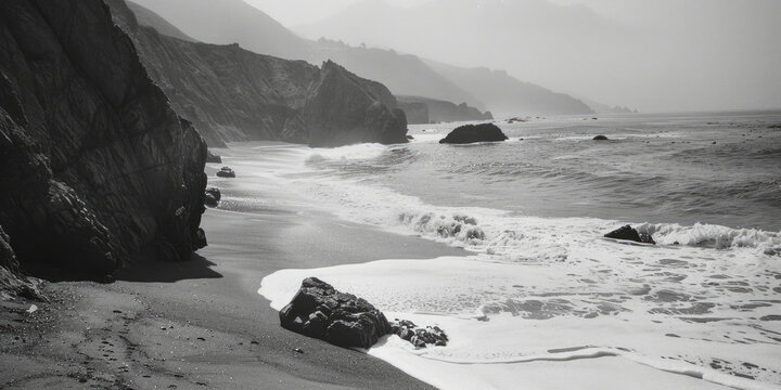 A black and white photo of a rocky beach. Suitable for travel websites and nature blogs