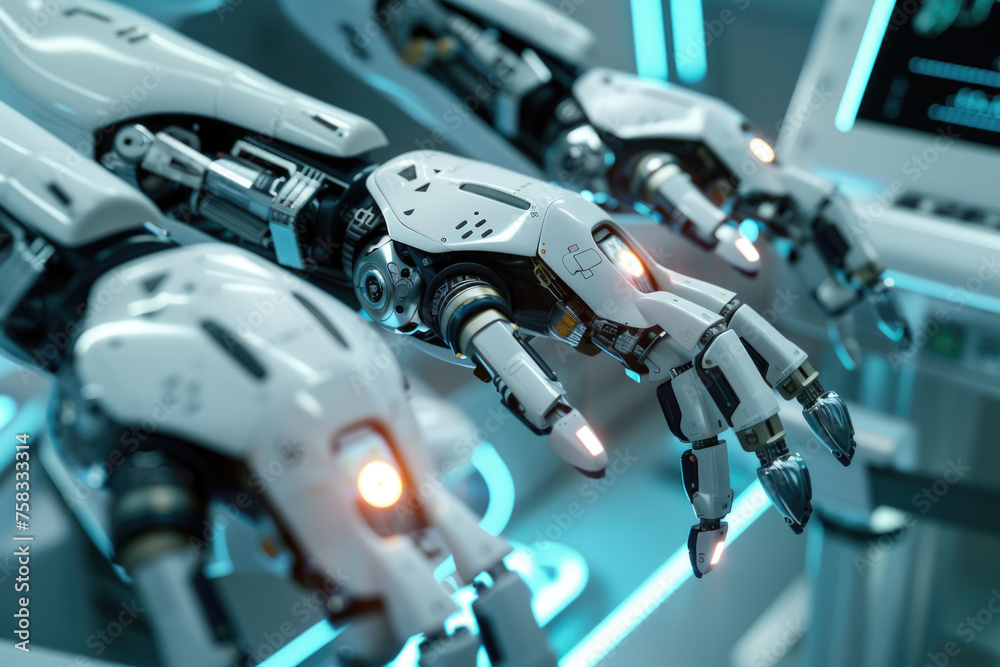 Aufkleber Close up of a robot's hand with a laptop in the background. Suitable for technology concepts