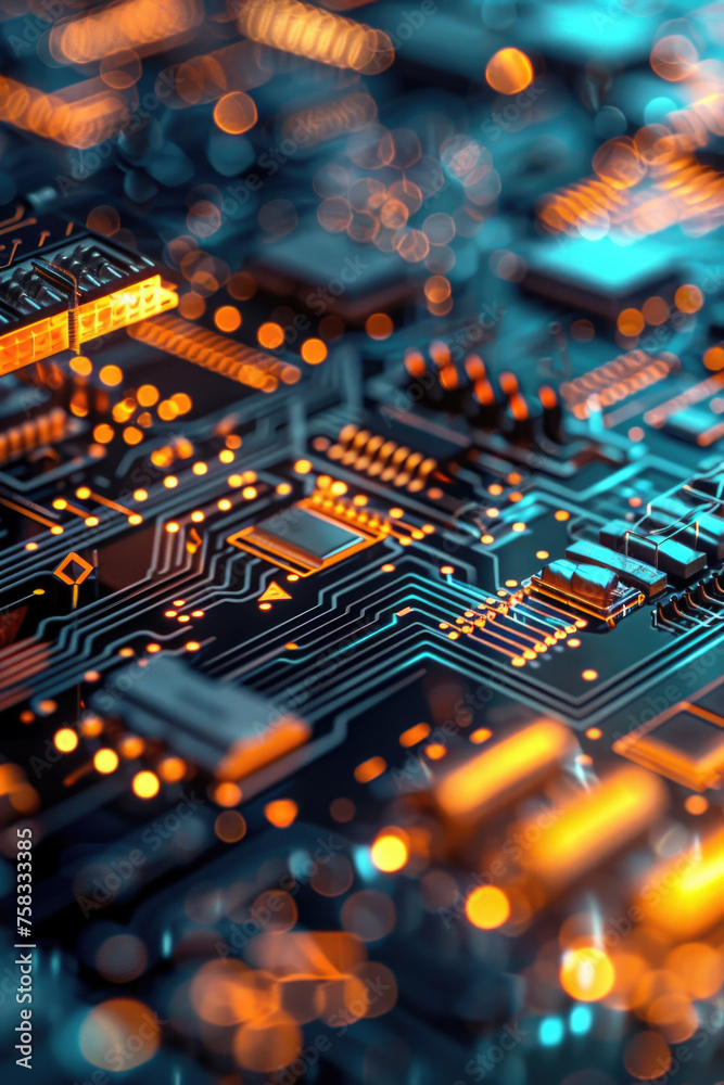 Poster detailed view of an electronic circuit board. perfect for technology and engineering concepts