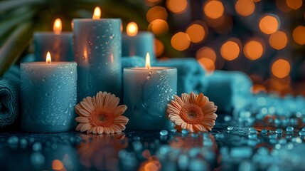 Background in beauty spa visual composition with candles and towels. Beauty spa treatment with candles, flowers and towels with soft shadows.