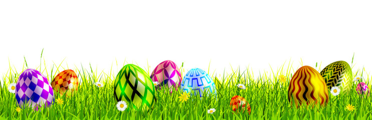 Easter hunt banner. Colorful Easter eggs on meadow. Easter border
