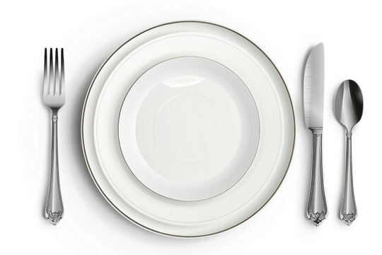 A simple image of a plate, fork, and knife on a white table. Perfect for restaurant menus or food-related designs
