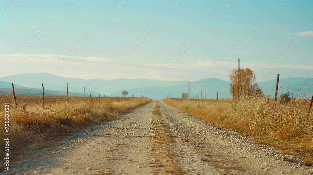 Poster scenic view of a dirt road in a field with majestic mountains in the background. suitable for travel