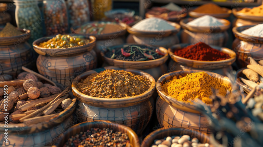 Aufkleber Assorted spices displayed in baskets, ideal for food and cooking concepts