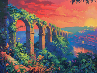 Enchanting Sunset Over Historic Aqueduct, Colorful Landscape Illustration - obrazy, fototapety, plakaty