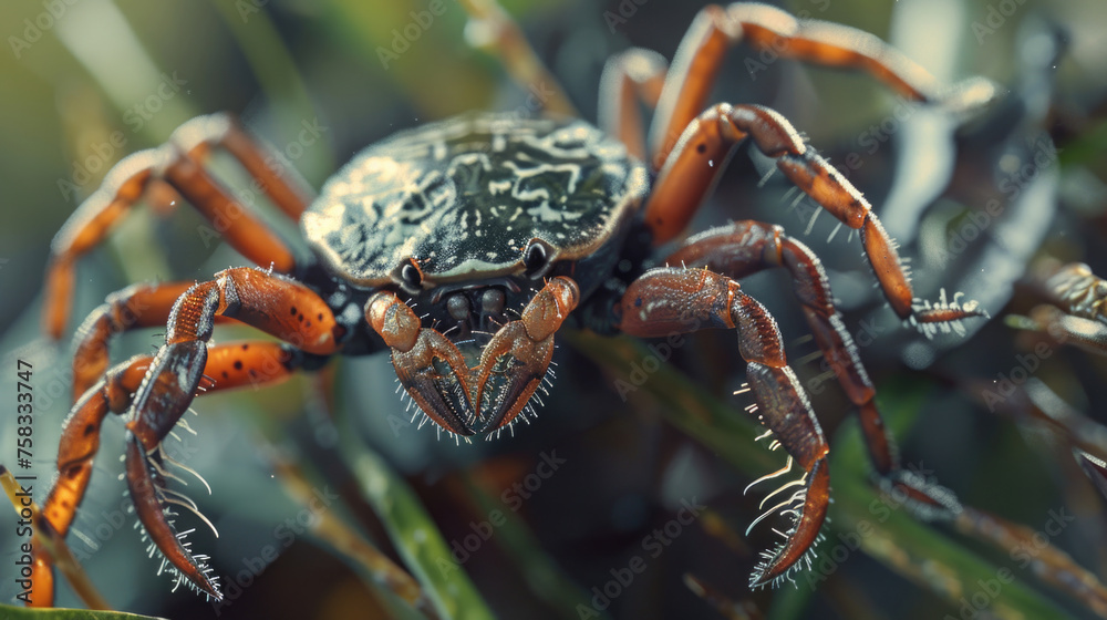 Canvas Prints Detailed shot of a spider crawling on a green plant. Suitable for nature and wildlife themes