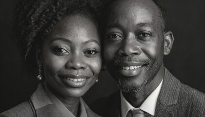 A close-up black and white photograph captures a smiling black couple gazing at the camera. Their joy radiates through the image, conveying a sense of connection and happiness in a timeless monochrome - 758333761