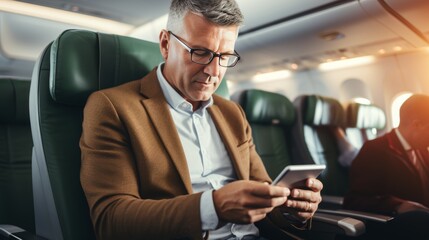 Businessman using tablet on plane during travel with defocused background and copy space