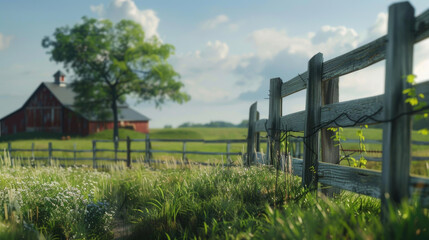 Fototapeta premium A scenic view of a red barn in the distance, framed by a wooden fence. Ideal for rural or farm-themed designs