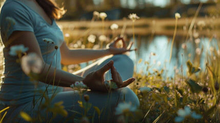 A woman peacefully meditating in a vibrant field of flowers. Ideal for wellness and relaxation concepts