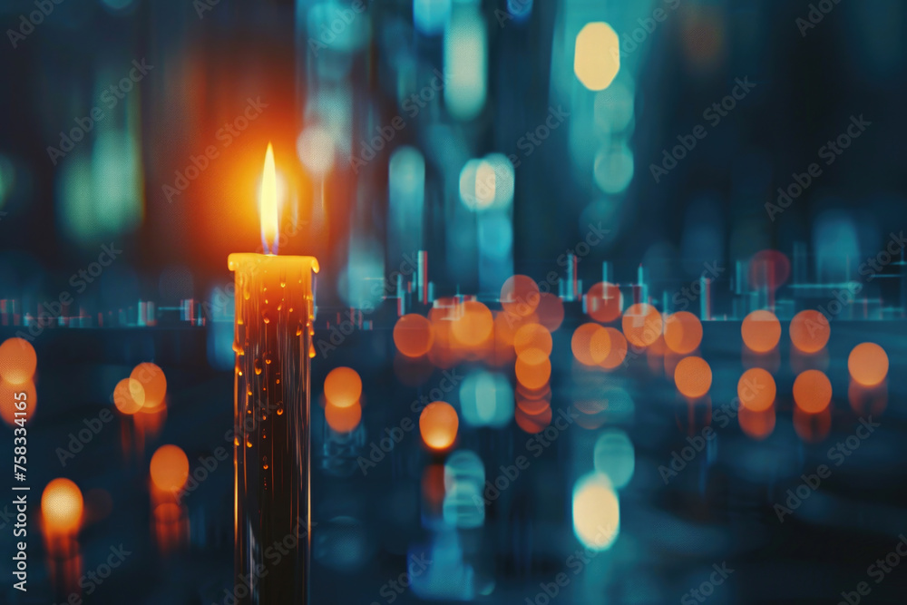 Poster Candle lit in front of blurred backdrop, suitable for various projects