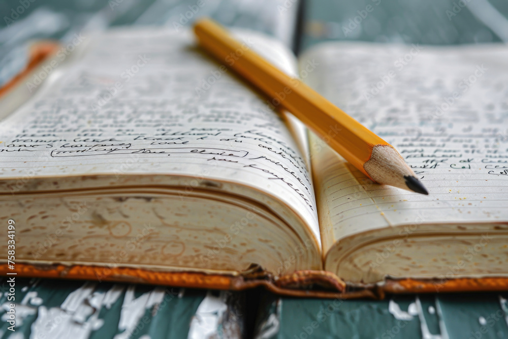 Poster a pencil resting on top of an open book. suitable for educational and creative concepts