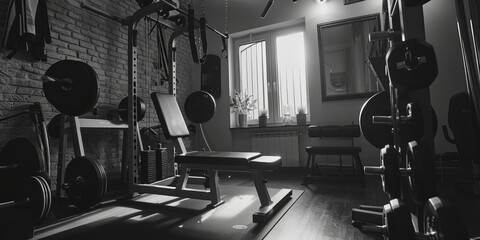 A monochrome image of a gym room, suitable for fitness and health-related projects