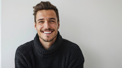 A man in a turtle neck sweater smiling for the camera. Suitable for business or casual concepts - obrazy, fototapety, plakaty