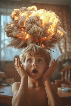 Funny shocked little kid with nuclear explosion overhead. Strong surprised emotions of baby pictured with big bang above his head.