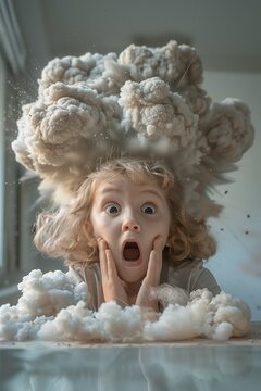 Funny shocked little kid with smoke cloud of nuclear explosion overhead. Strong surprised emotions of baby pictured with big bang above his head.