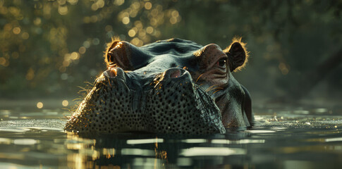 A hippo is submerged in the water. Ideal for nature and wildlife concepts - obrazy, fototapety, plakaty