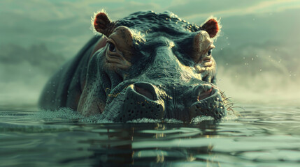 A hippo with its mouth open in the water. Suitable for nature and wildlife concepts - obrazy, fototapety, plakaty