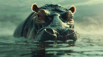 Fotobehang A hippo with its mouth open in the water. Suitable for nature and wildlife concepts © Fotograf
