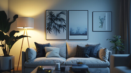 Chic urbain : Raffinement du salon moderne - Canapé confortable, lampe éclairante, art élégant et plantes d'intérieur vivantes.