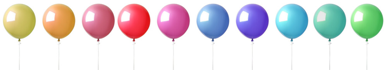 a row of balloons of different colors, transparent background. Png files.