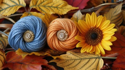 Obraz na płótnie Canvas two skeins of yarn next to a sunflower on a pile of autumn leaves with leaves in the background.