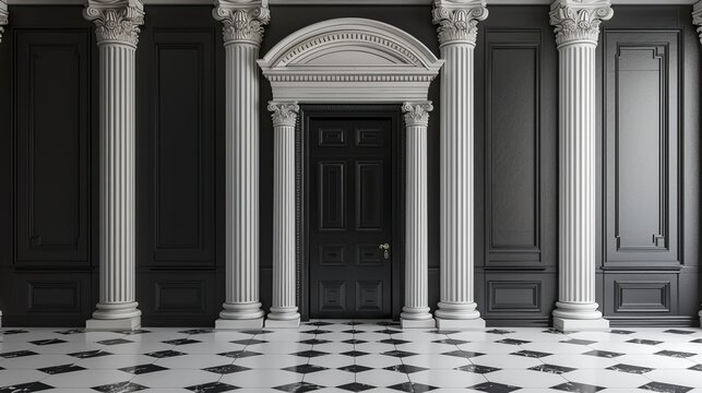 Elegant black door with classic columns and pillars. Interior colonnade stunning architecture background