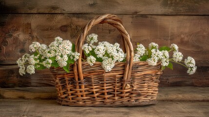 Fototapeta na wymiar a wicker basket filled with white flowers on top of a wooden table in front of a wood paneled wall.
